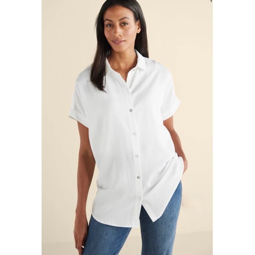 Soft Surroundings Je Veux Tencel White Button Down Shirt Size M